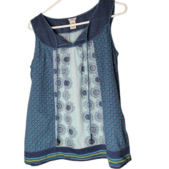 IZOD Boho Crochet(Top) Patchwork Top Size L Tie Front Tassels Blue Flowy Cotton - Picture 1 of 9